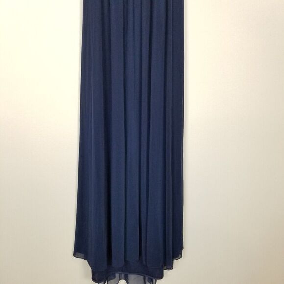 La Femme Women Keyhole Elegant Formal Gown Sz 4 Navy Chiffon Open Back Event - Picture 4 of 8
